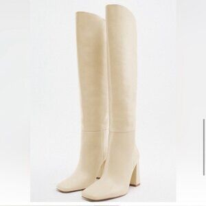 Zara Ecru Off White Tall Leather Knee High Slouch Boots